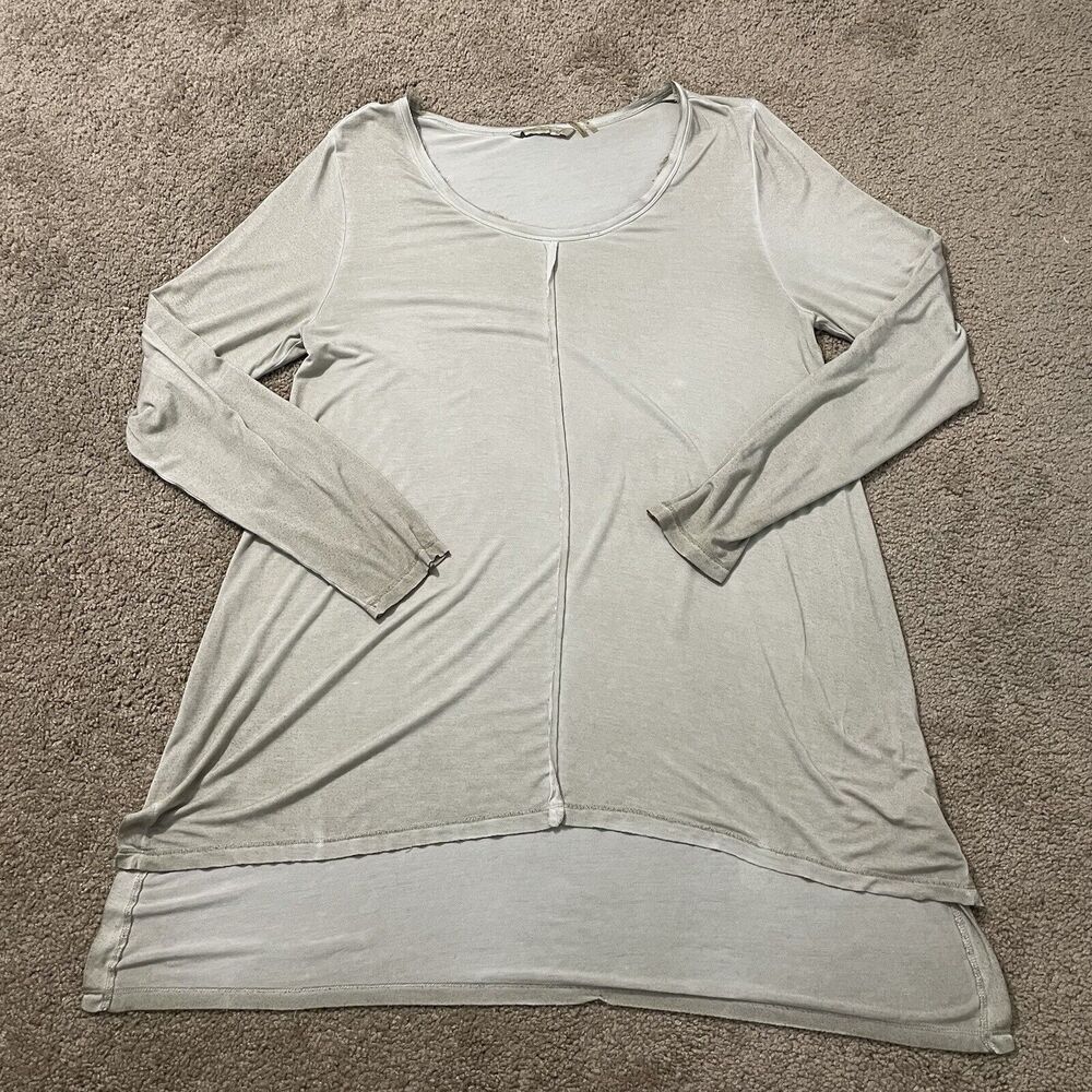 Soft Surroundings Tunic Womens Medium Beige Raw Frayed Neck Hem Hi Lo Slinky